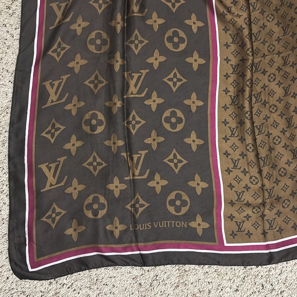 LV Silk Scarf Shawl Monogram Brown Tan Print - Picture 2 of 6